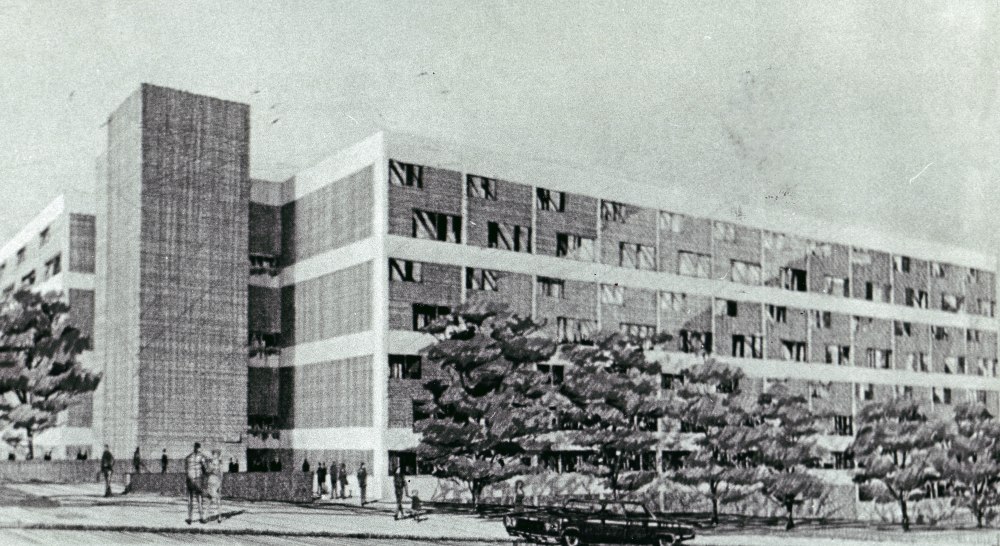 Roosevelt Terrace, Buildings 1 and 2 were designed for middle-income residents. These apartments were to be built kitty-corner from the Cathedral of the Immaculate Conception, where now a four-story parking garage stands. Courtesy of the Times Union.